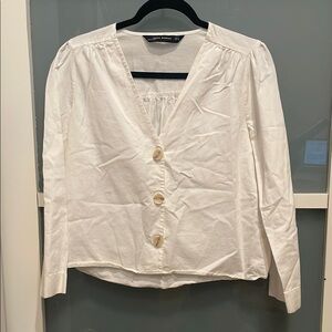 Zara Woman White Button Long Sleeve Top, Linen Top, M